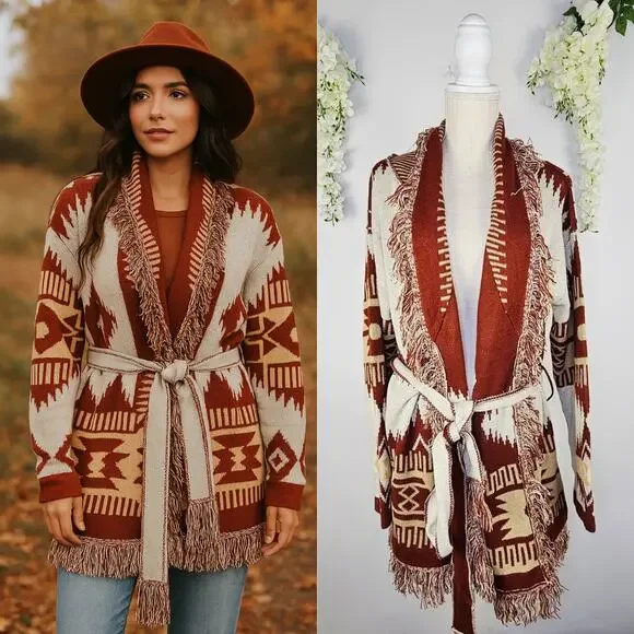 Tiffany & Grey Southwestern Aztec Fringe Cardigan Sweater Jacket XL Boho Cozy - Picture 1 of 13